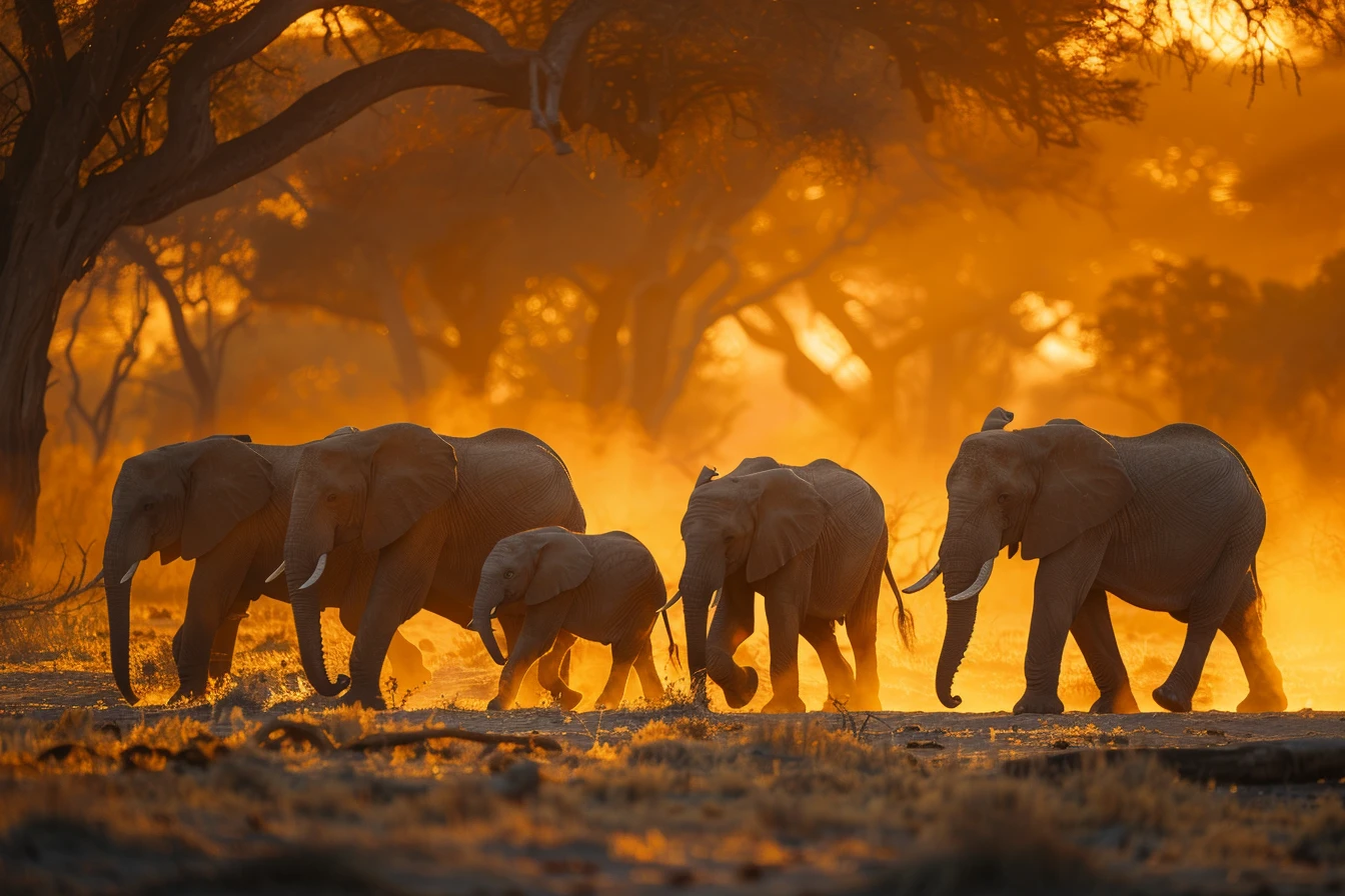 Éléphants au crépuscule